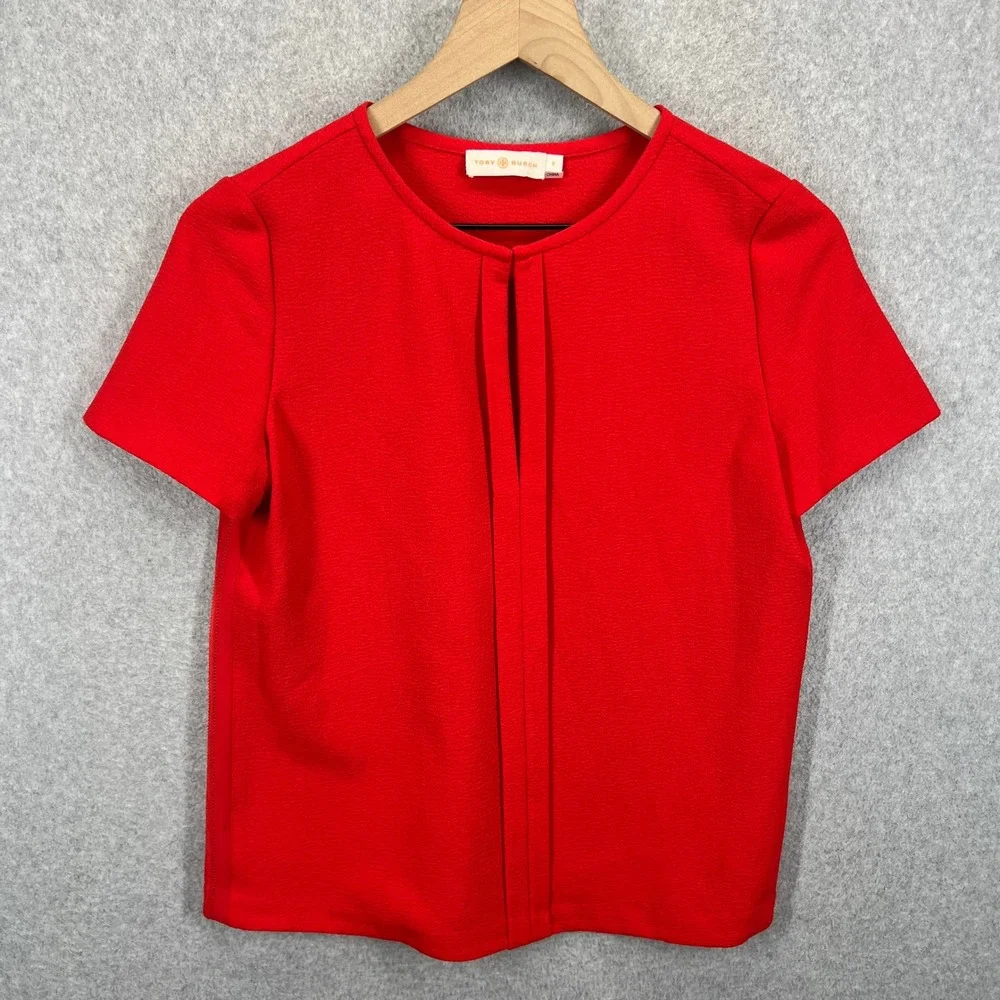 Tory Burch Short Sleeve Top Womens 0 Red‎ Crepe Keyhole Side Zip EUC